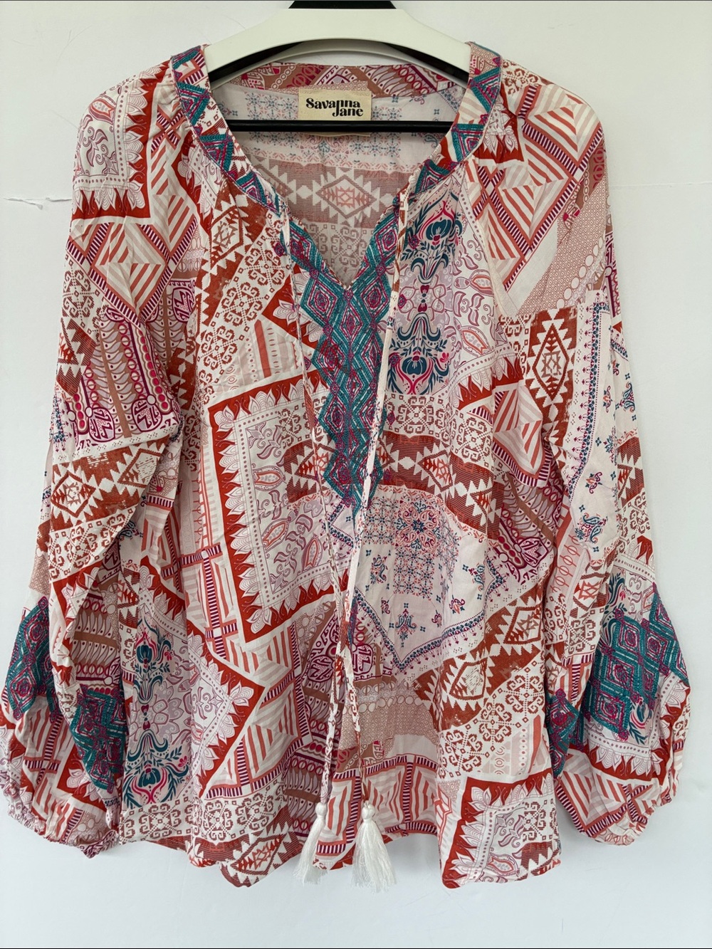 Savanna Jane Patchwork Print Southwestern Boho Western Blouse Top Large